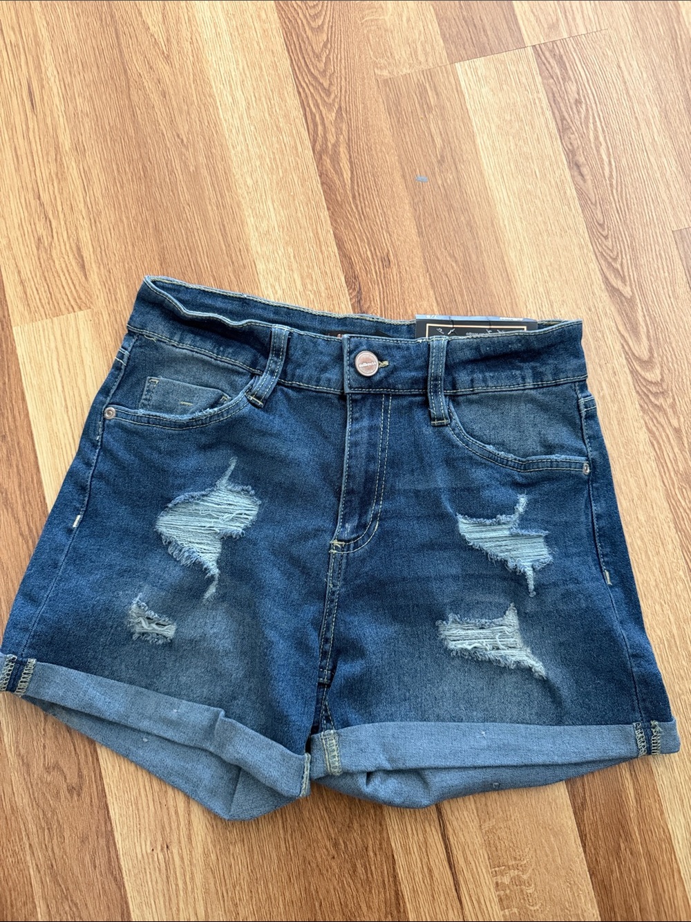 Dollhouse Dark Blue Distressed Denim Roll-Hem Shorts